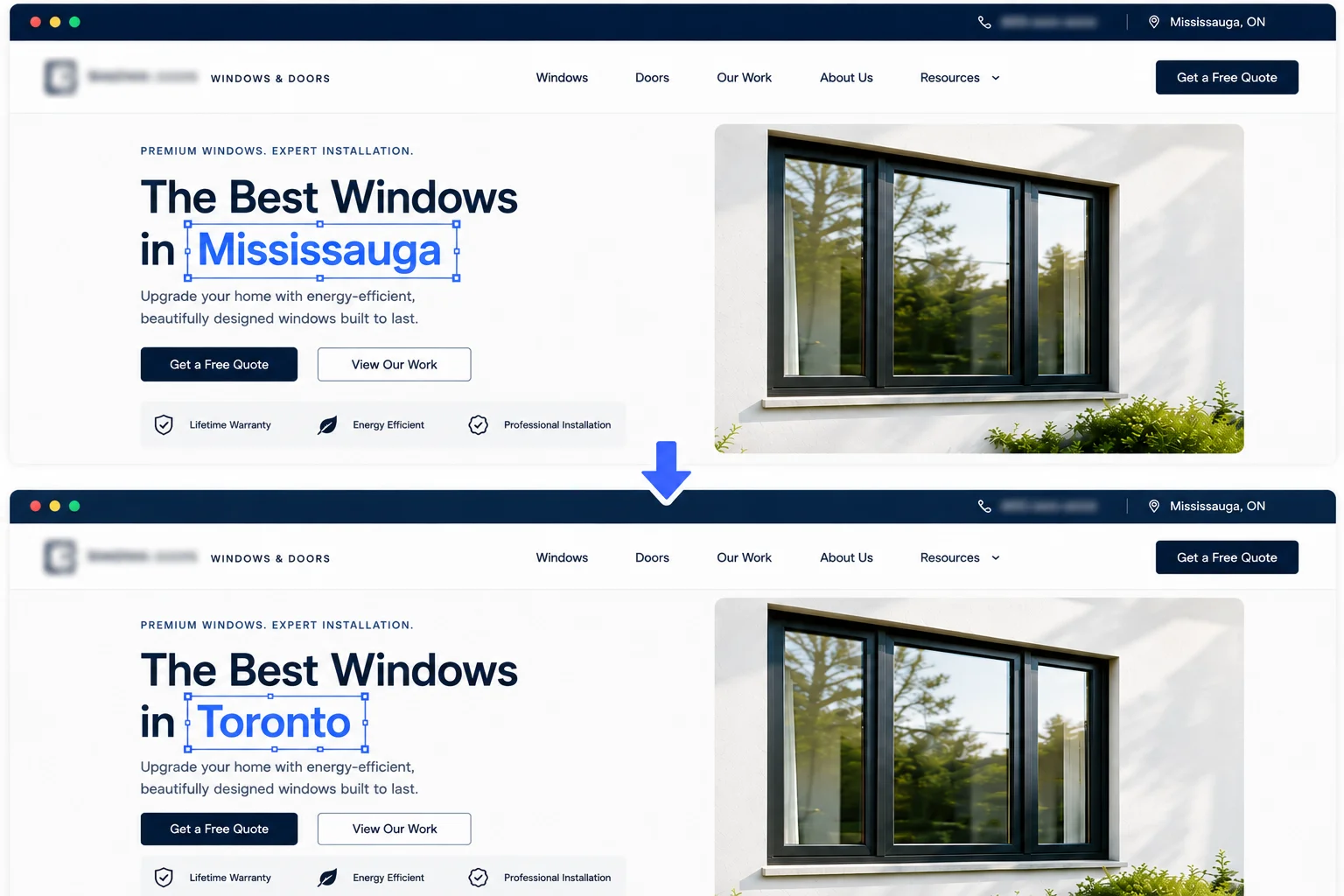Window company landing page showing dynamic text replacement changing the targeted location from Mississauga to Toronto.