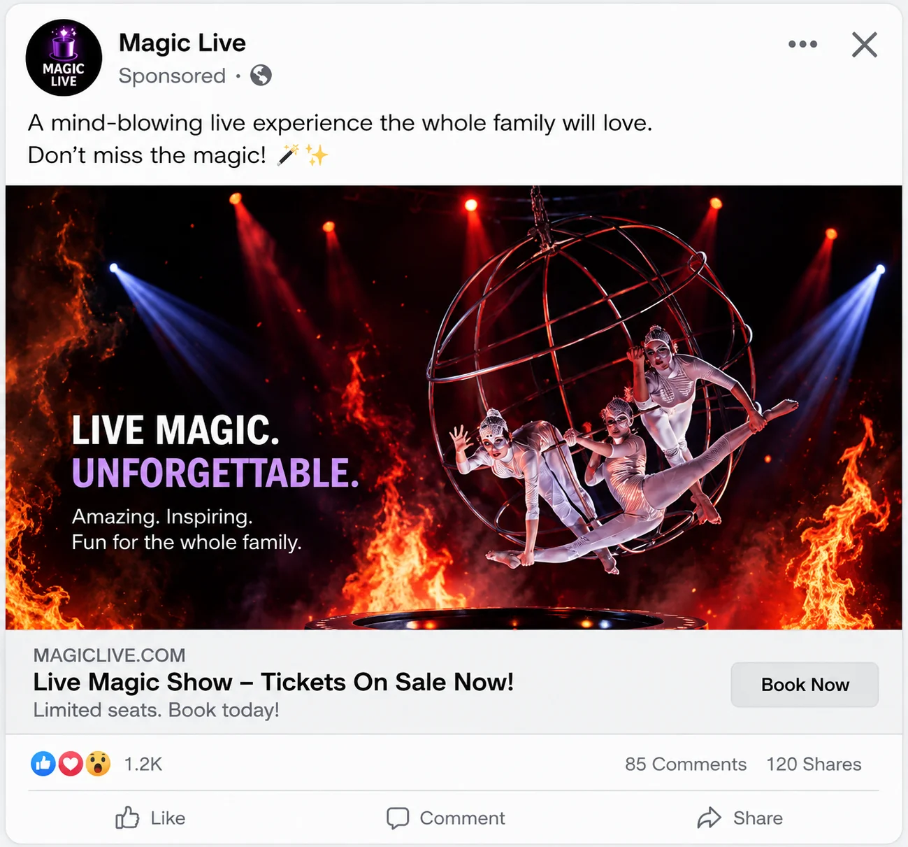 Facebook ad for a live magic show demonstrating targeted audience advertising for an event marketing campaign