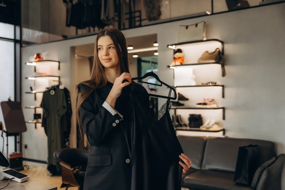 Young woman holding a black dress on a hanger contemplating