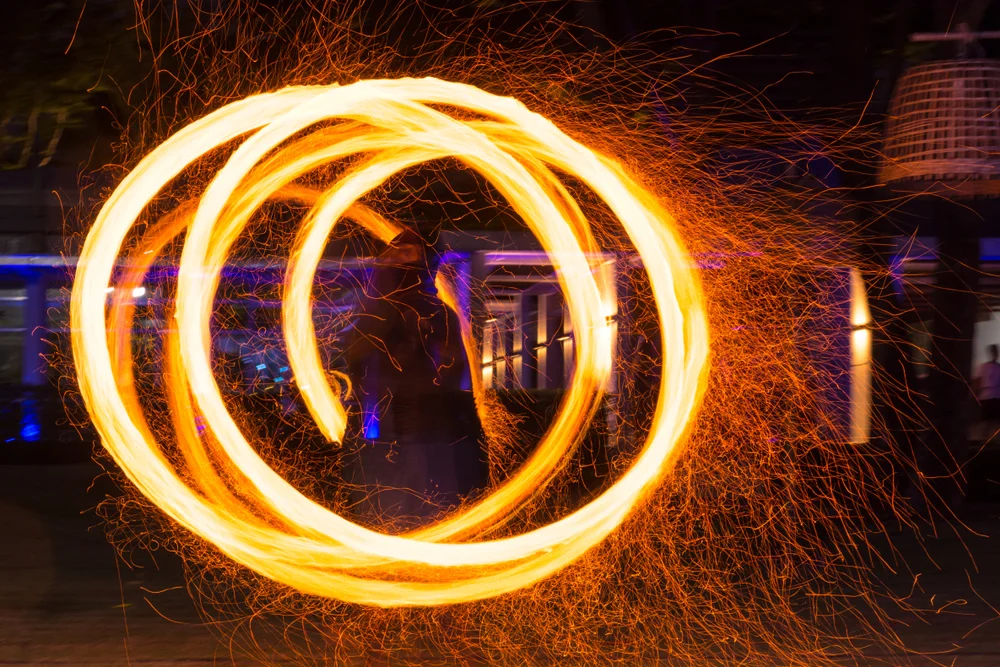 A performance of fire dance on a beach