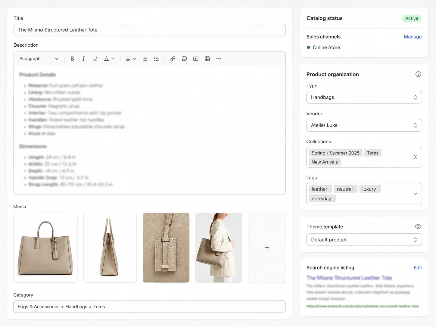 Shopify luxury fashion product page optimized for ecommerce marketing with detailed product descriptions and lifestyle imagery.