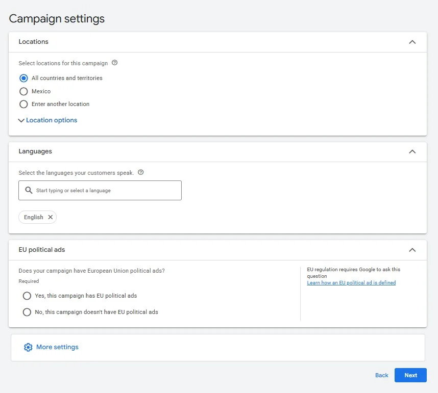 Ad campaign configuration settings