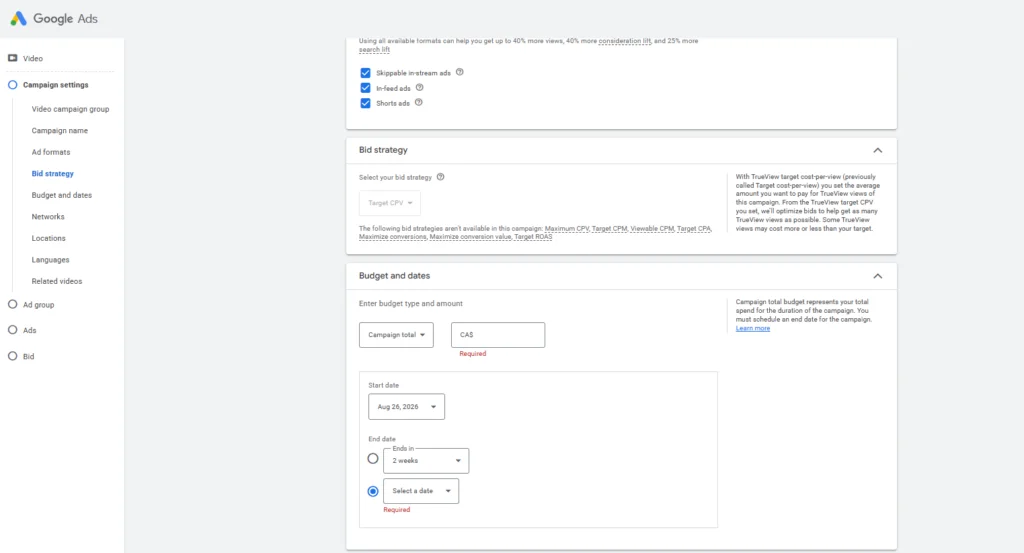 set your budget and bidding strategy for youtube ads