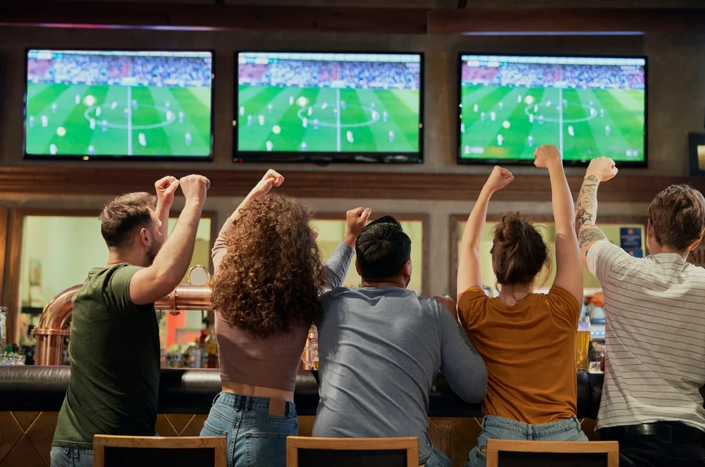 Friends watching a live sports game together with food and drinks at a sports bar.