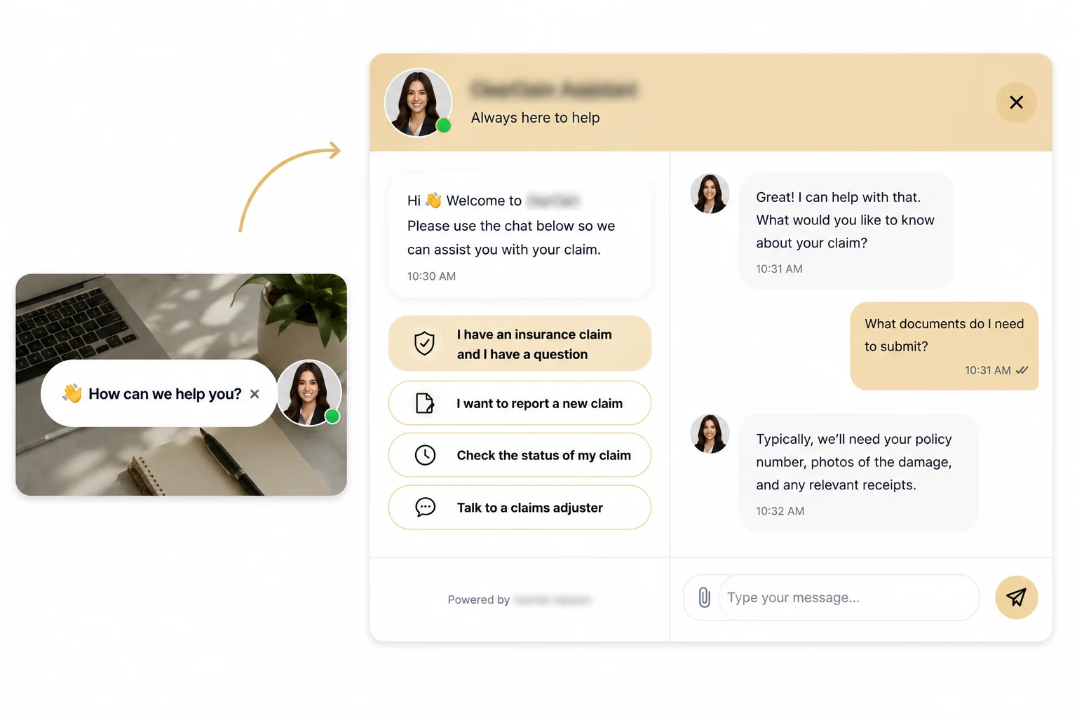 AI-powered chatbot helping users with legal and insurance claim questions through an online support chat interface.