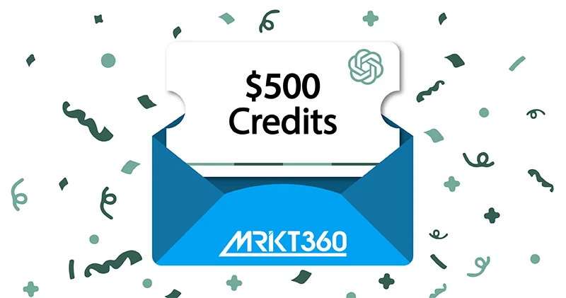 ChatGPT Ads promotional graphic featuring envelope with the MRKT360 logo, a $500 ad credits card, the ChatGPT logo, and confetti on a white background.