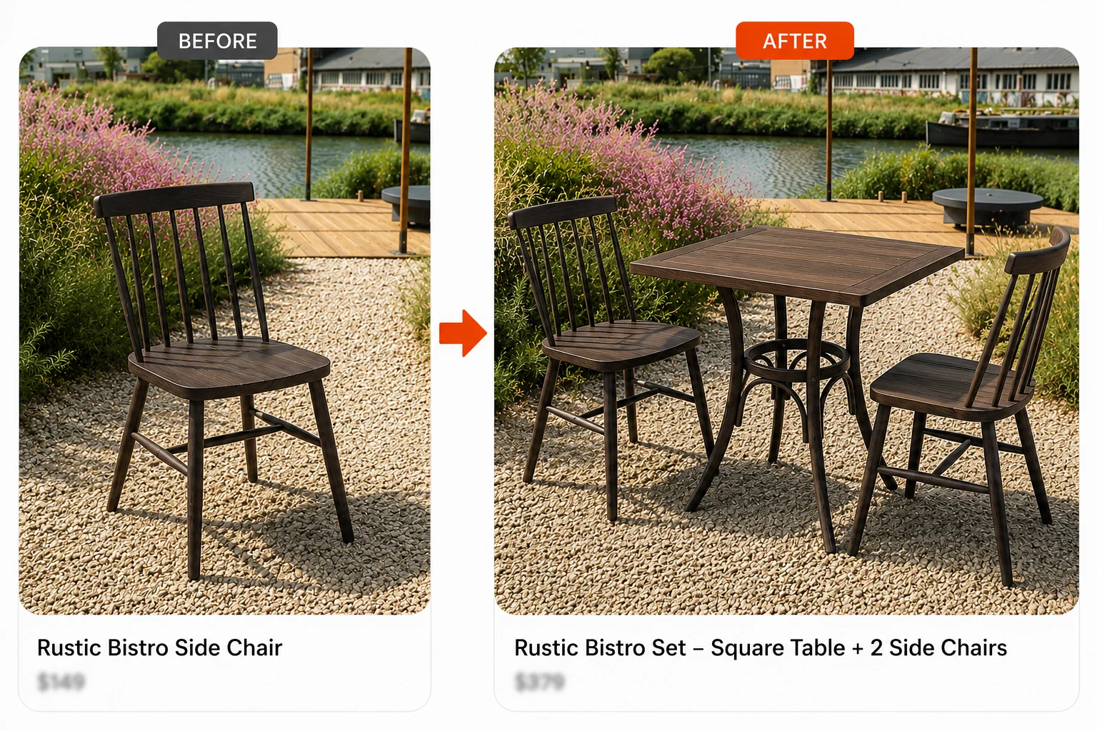 Before-and-after comparison showing a single outdoor armchair transformed into a complete commercial dining set with four matching chairs and a table.