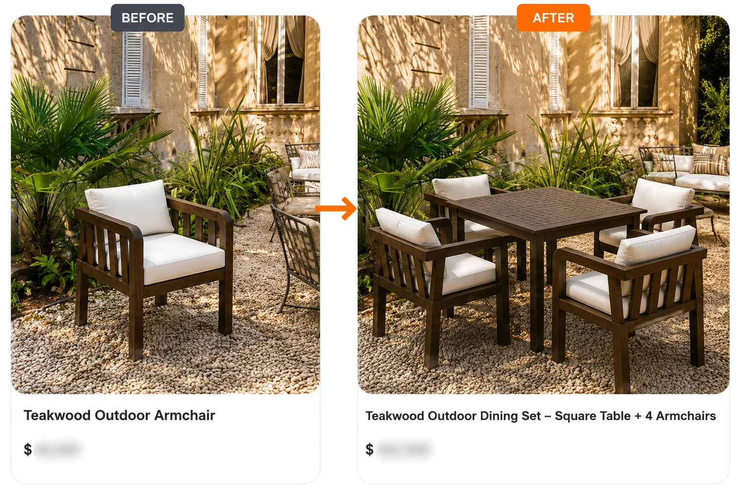 Before-and-after comparison showing a single outdoor armchair transformed into a complete commercial dining set with four matching chairs and a table.