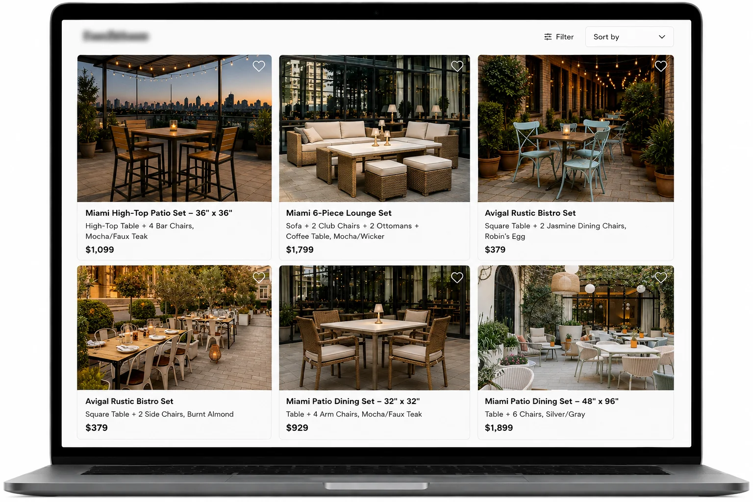 Laptop displaying a commercial outdoor furniture e-commerce catalog with patio dining, bistro, and lounge sets in real restaurant and hospitality settings.