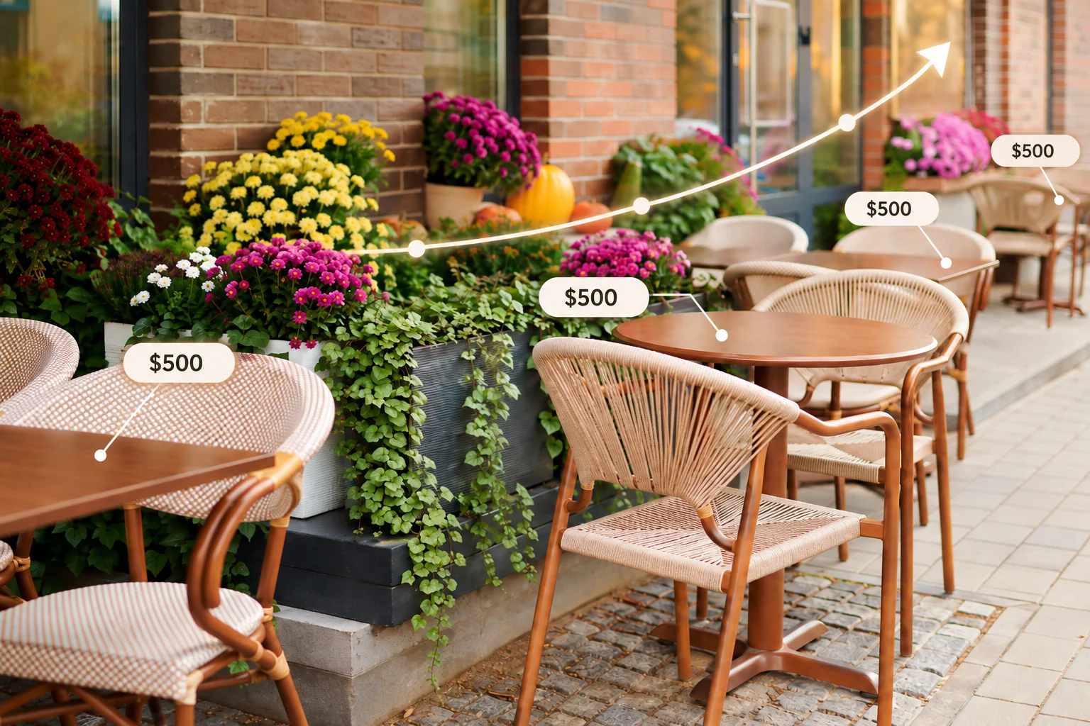 Charming outdoor cafe featuring wooden tables surrounded by vibrant potted plants
