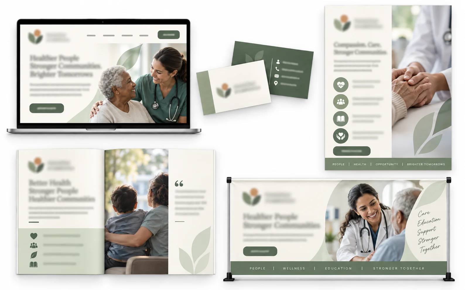Healthcare nonprofit branding shown across a website, brochure, business cards, banner, and patient-focused marketing materials.