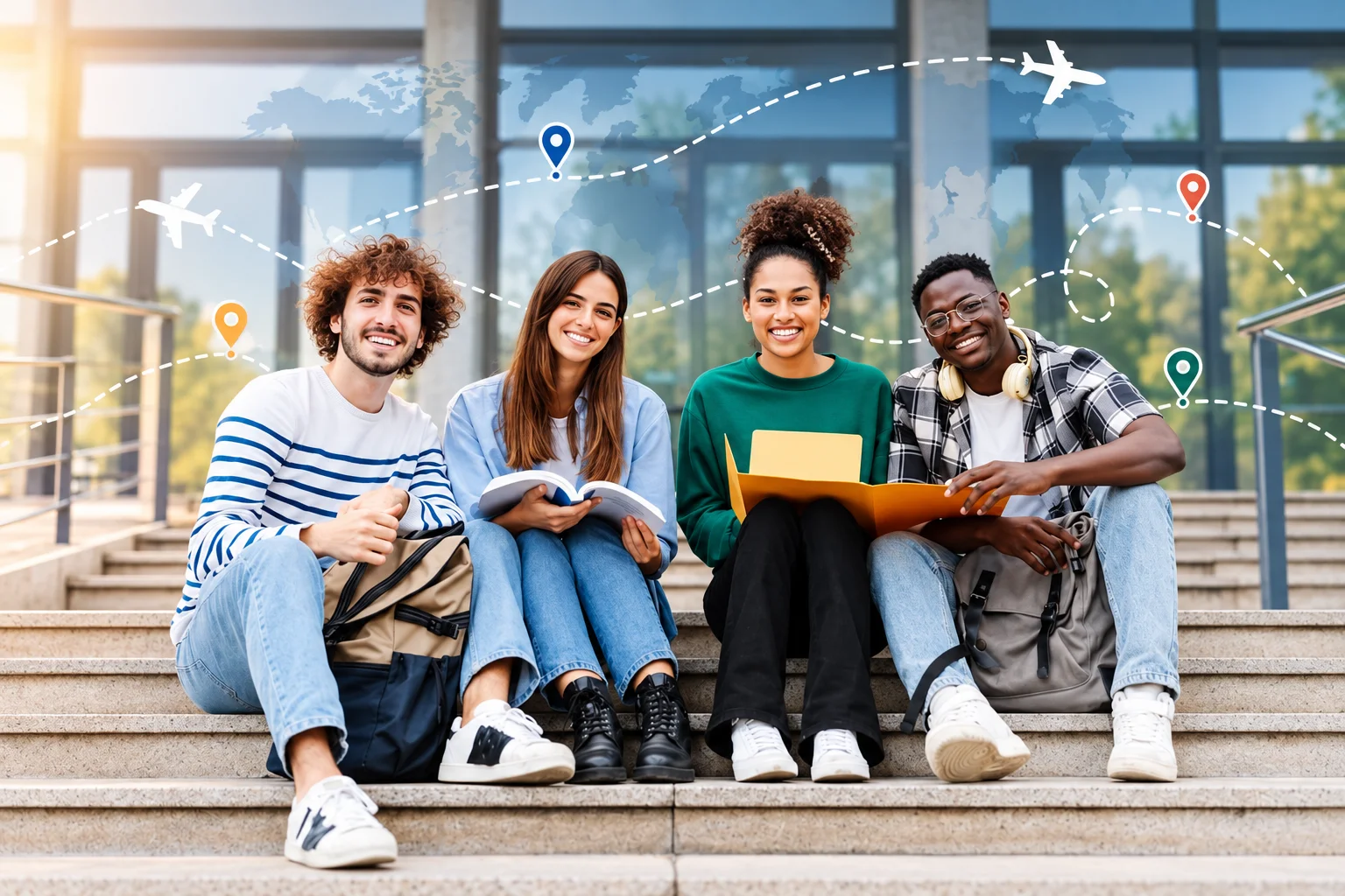 International students sitting together on campus steps, with subtle airplane routes, location pins, and a world map representing global study and immigration opportunities