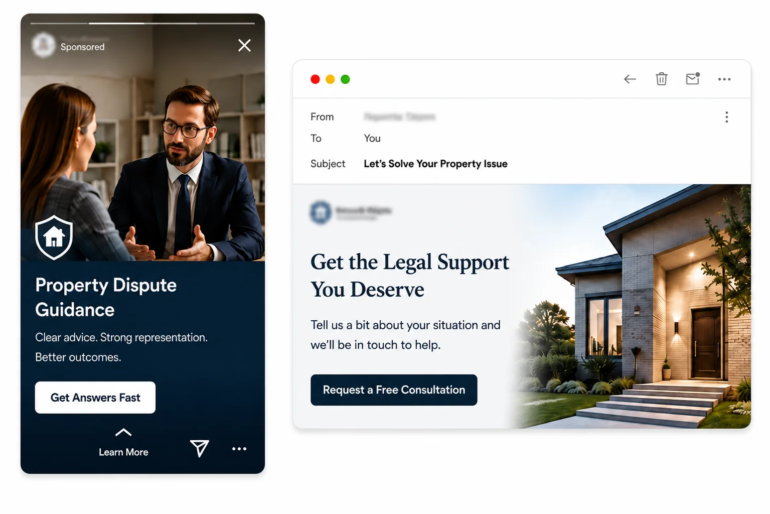 Digital marketing examples for a law firm featuring a property dispute social media ad and legal consultation email campaign.