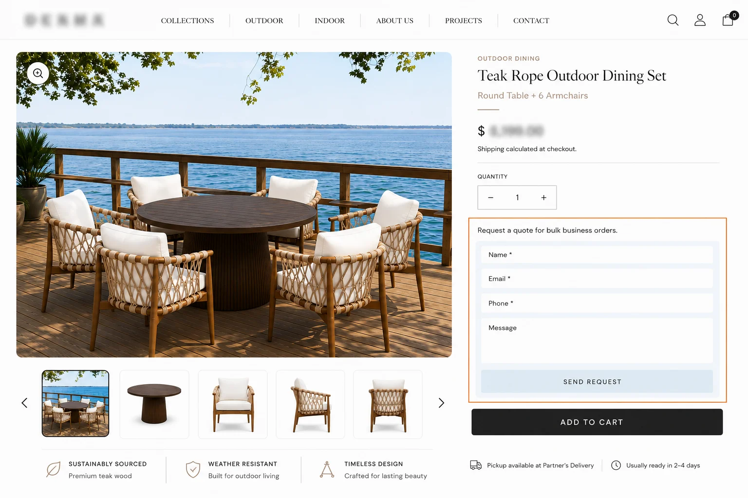 Luxury outdoor furniture product page showing a teak rope dining set, product gallery, and bulk order quote request form.