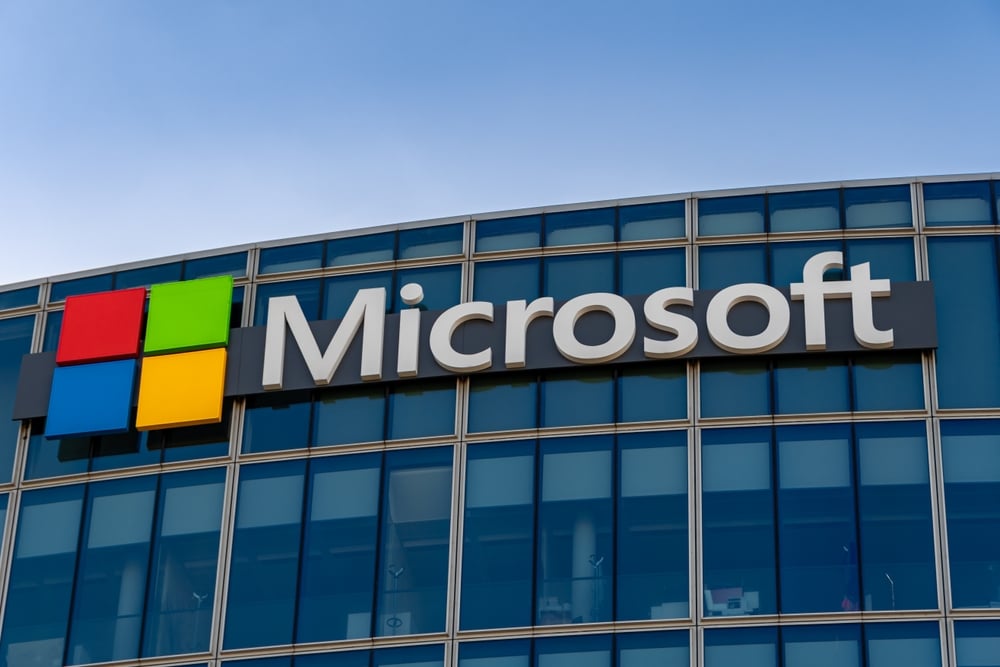Microsoft logo on an office building, representing Microsoft Advertising and paid search marketing services.