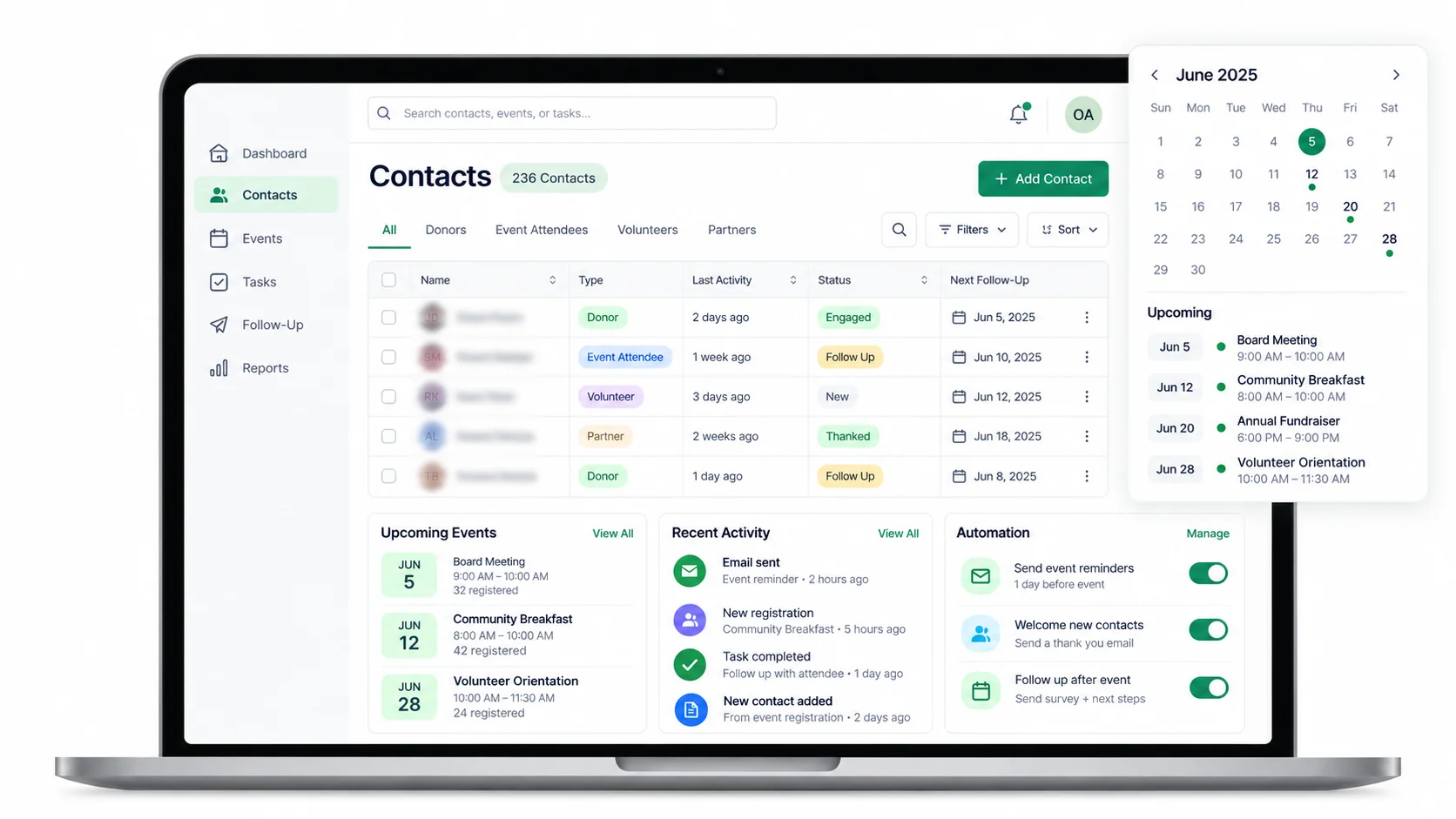 Nonprofit CRM dashboard showing contact management, event tracking, follow-up tasks, automation, and a calendar for upcoming events.