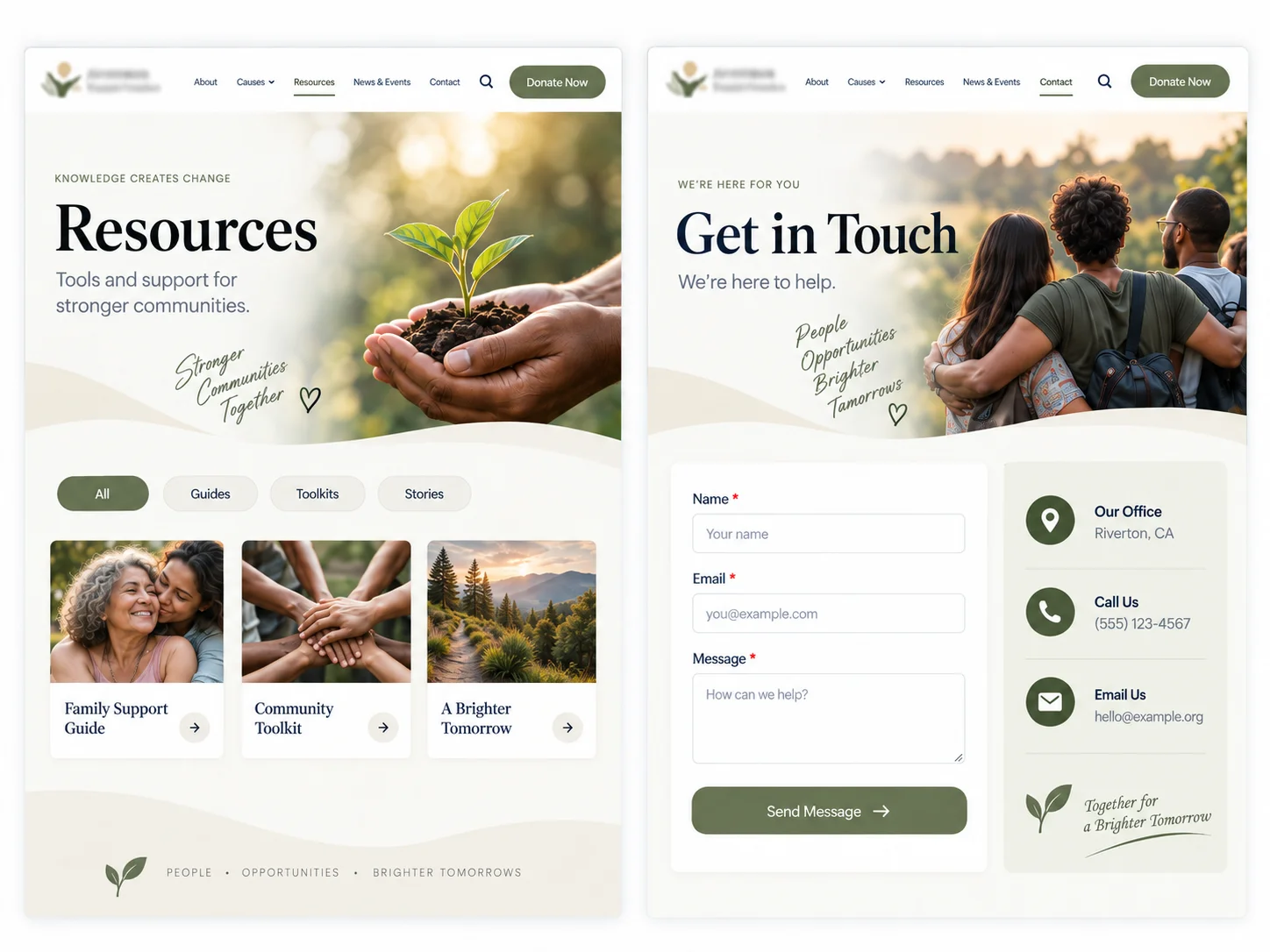 Nonprofit website showing resource cards and a simple contact form designed to improve visitor engagement.