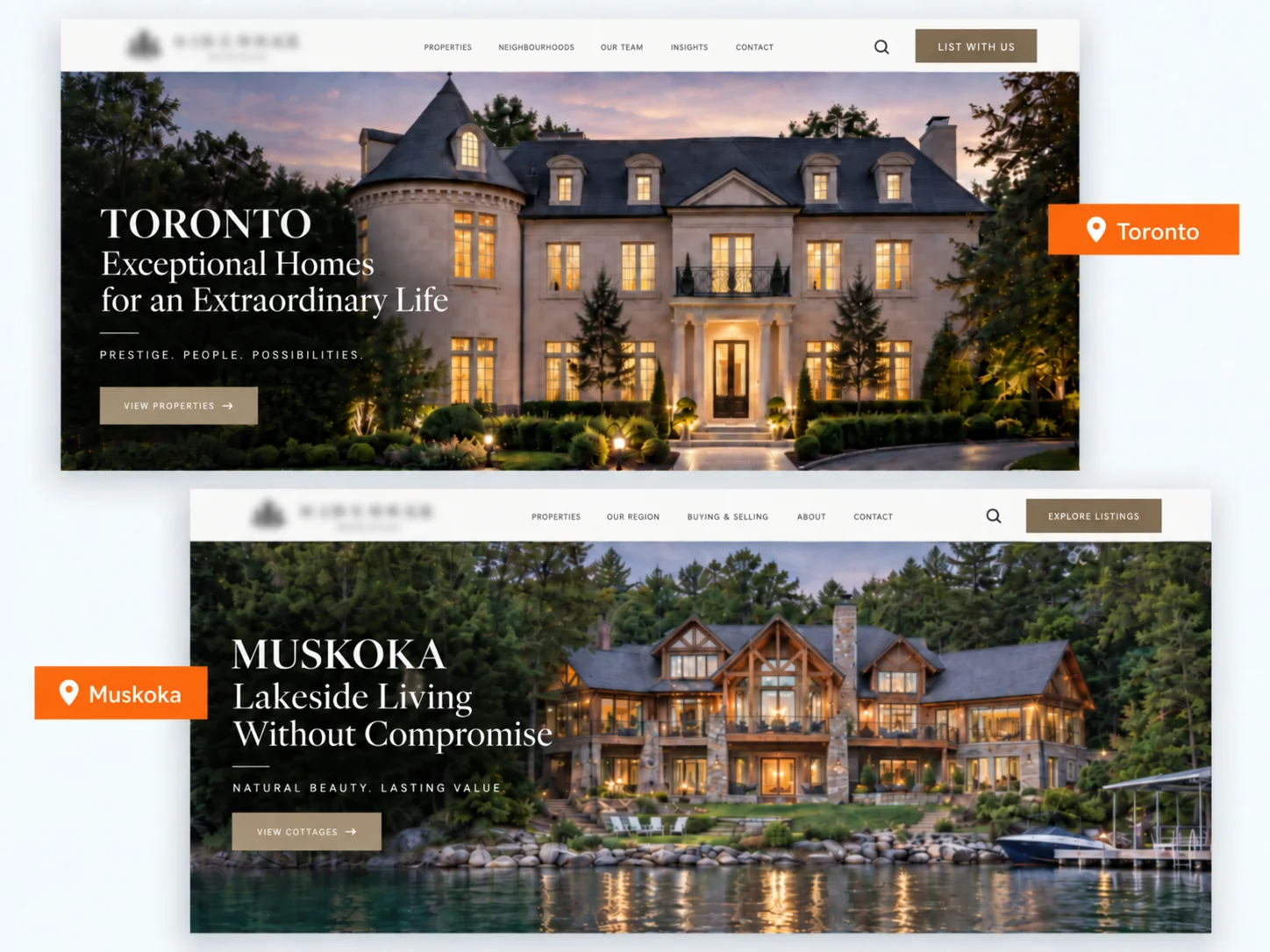 Real estate marketing landing pages using dynamic text replacement to tailor property messaging for Toronto and Muskoka audiences.