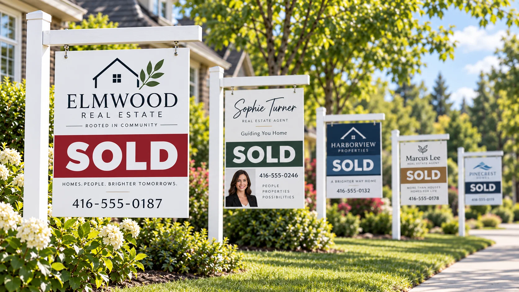 Row of real estate SOLD signs along a clean residential street, featuring a mix of brokerage and individual realtor branding with one prominent foreground sign in focus and others softly blurred in the background.