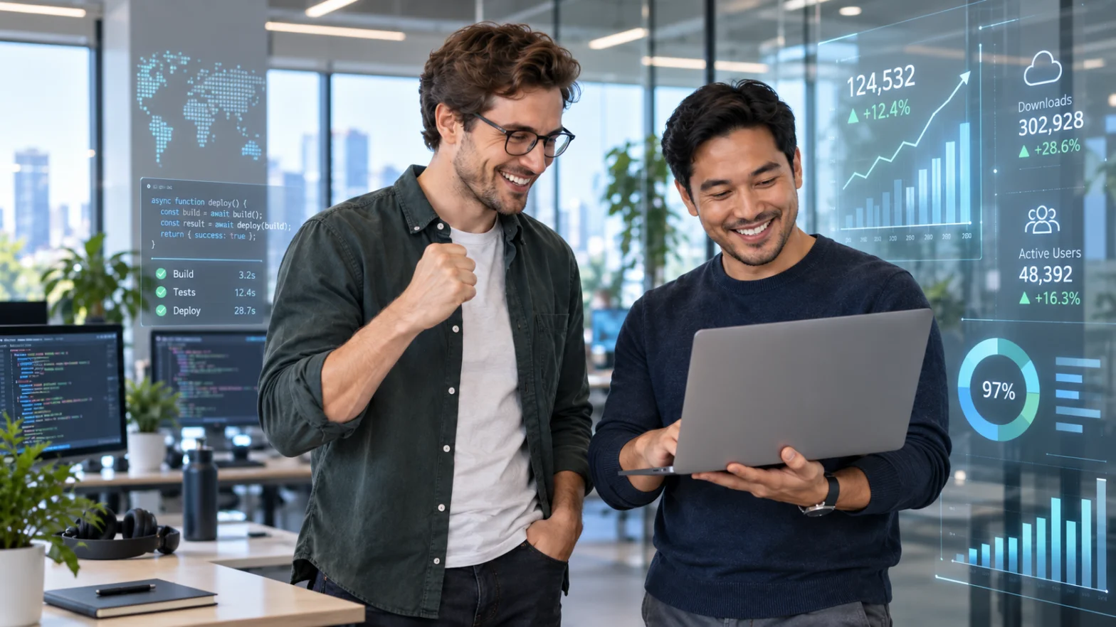 Two software developers celebrate a successful product launch in a modern office, surrounded by futuristic code, download metrics, user statistics, and rising analytics charts