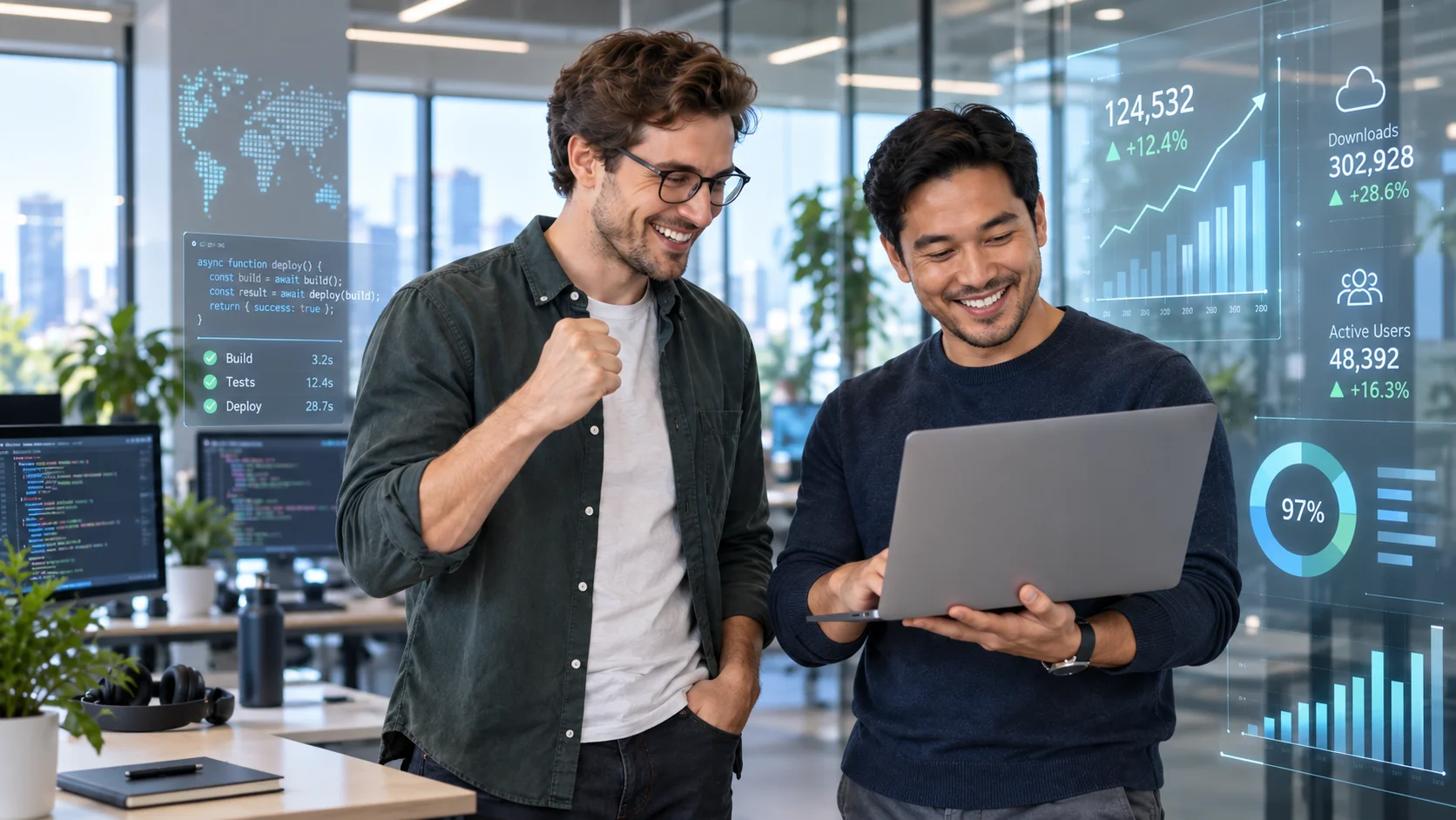 Two software developers celebrate a successful product launch in a modern office, surrounded by futuristic code, download metrics, user statistics, and rising analytics charts