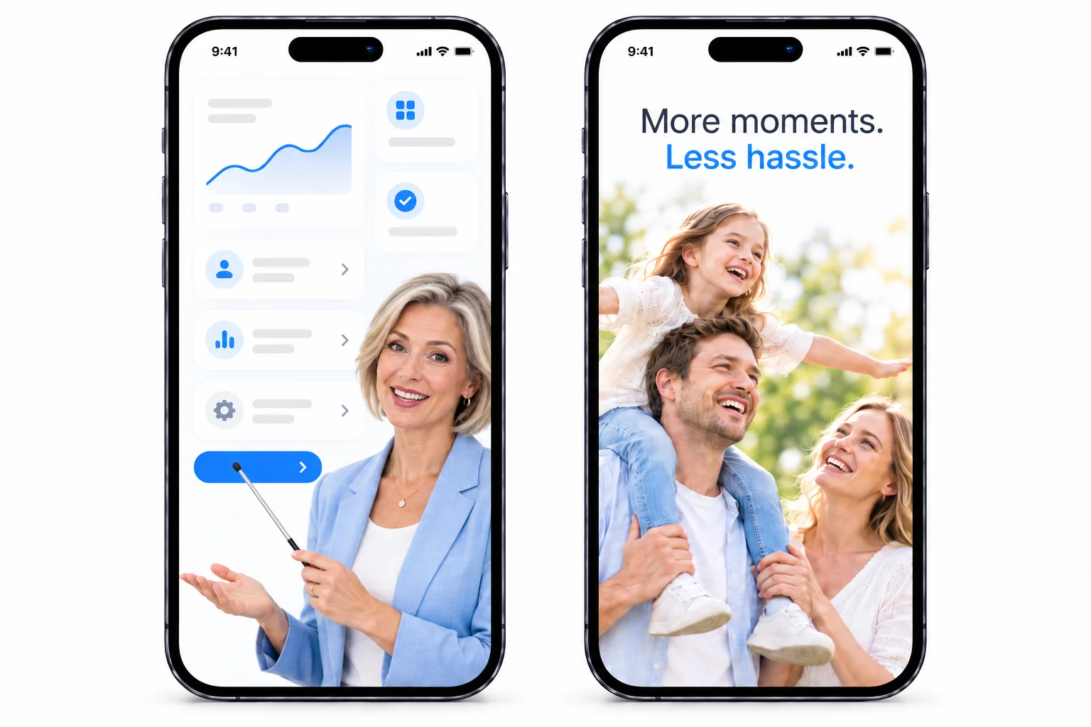 SaaS marketing creative showing an app walkthrough video beside an emotional family-focused paid media advertisement.