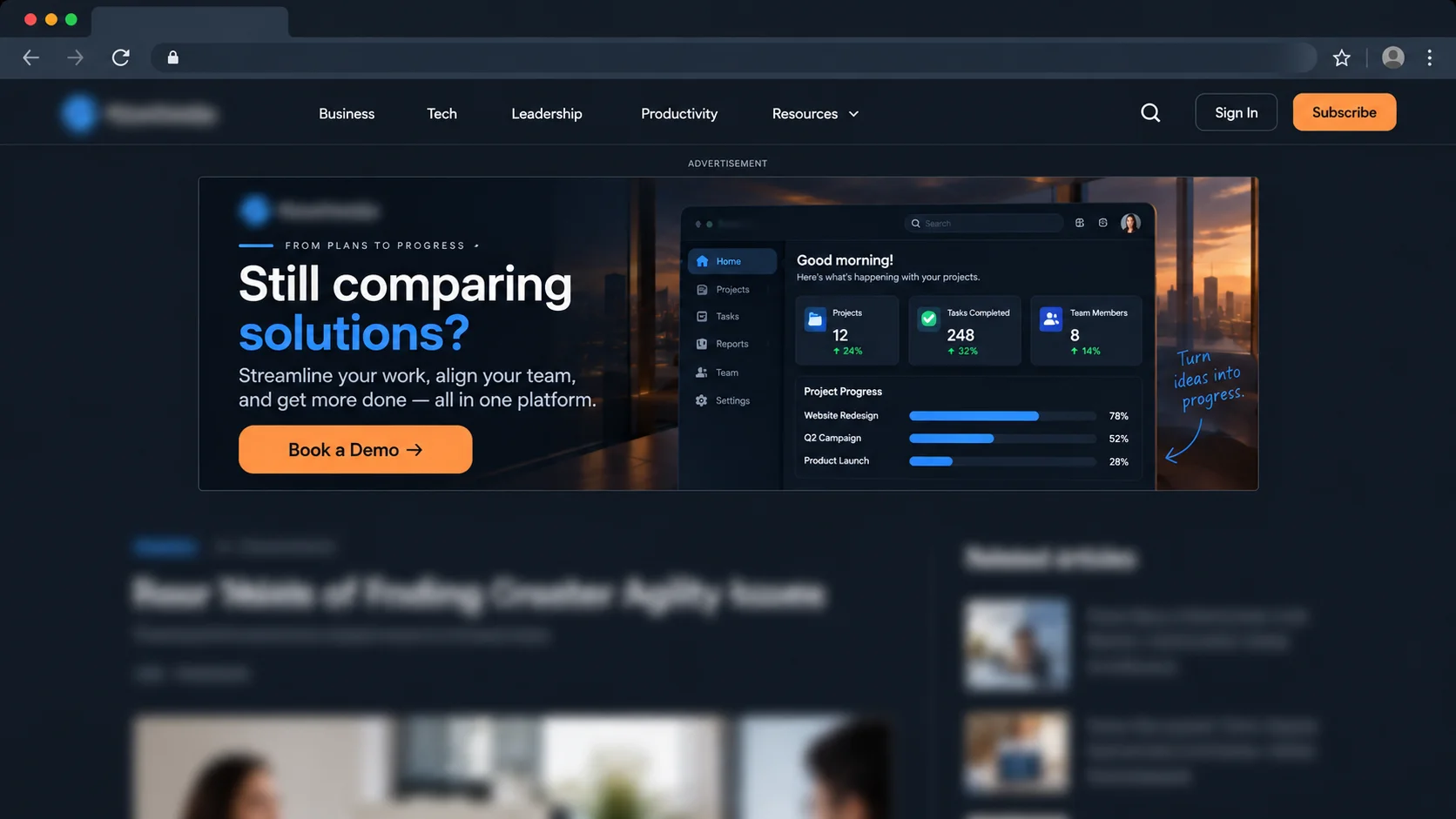 SaaS remarketing banner shown on a business website, encouraging returning visitors to book a demo with conversion-focused messaging and a dark blue and orange design.