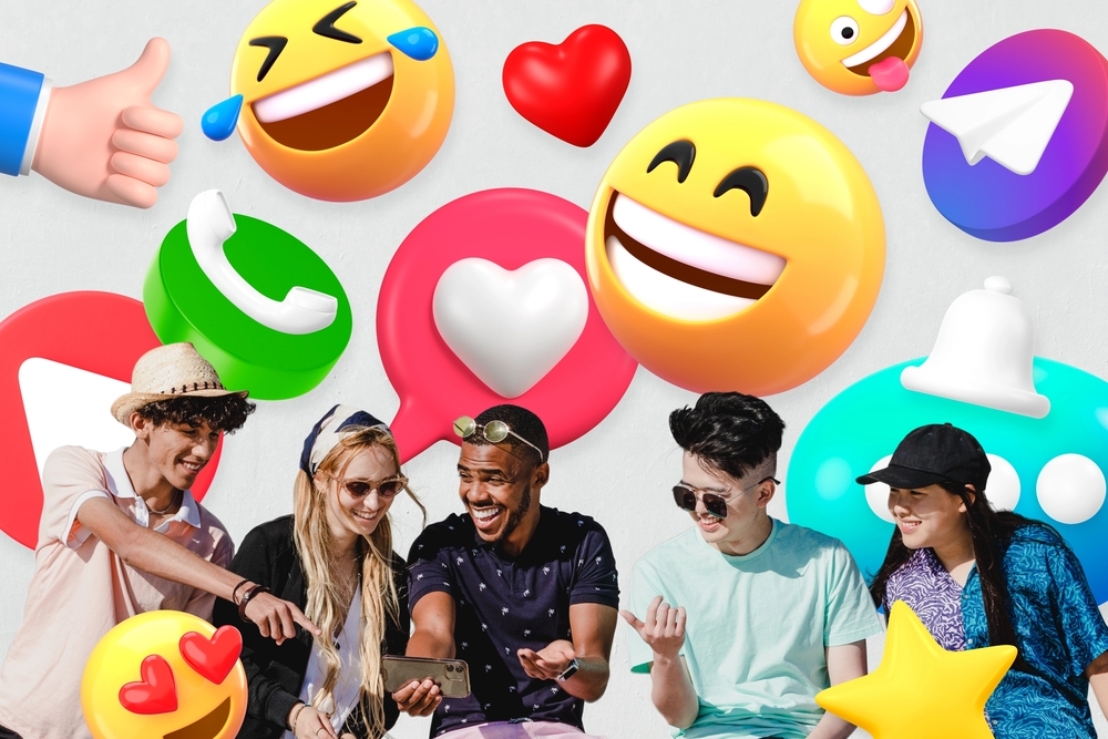 Diverse group of friends enjoying social eedia emojis smiling and laughing