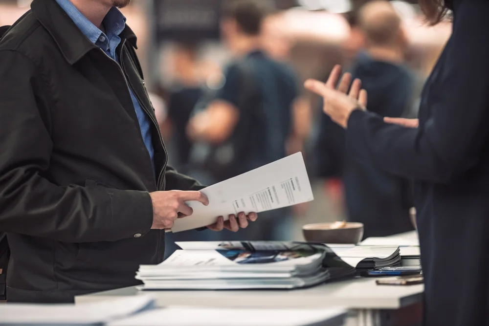 Business people exchanging business promotional materials and brochure