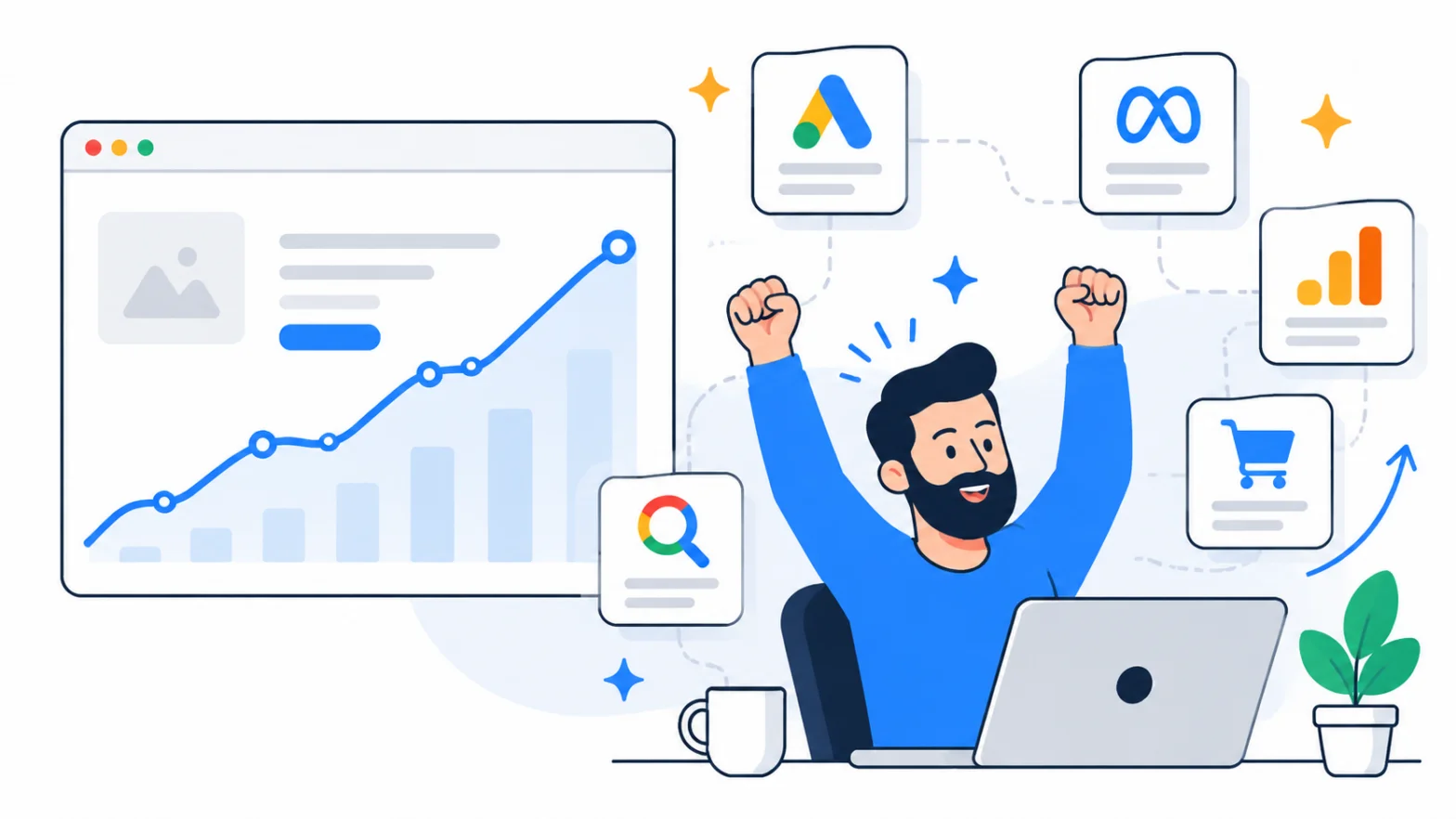 Flat vector illustration showing digital marketing case studies with analytics growth charts, advertising platforms, ecommerce icons, and measurable campaign results