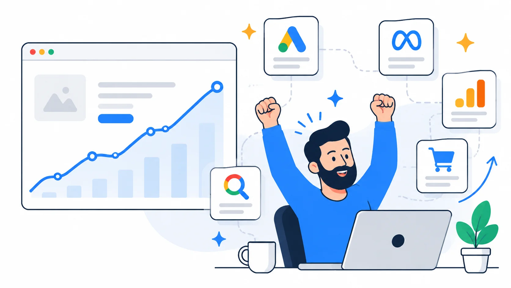 Flat vector illustration showing digital marketing case studies with analytics growth charts, advertising platforms, ecommerce icons, and measurable campaign results
