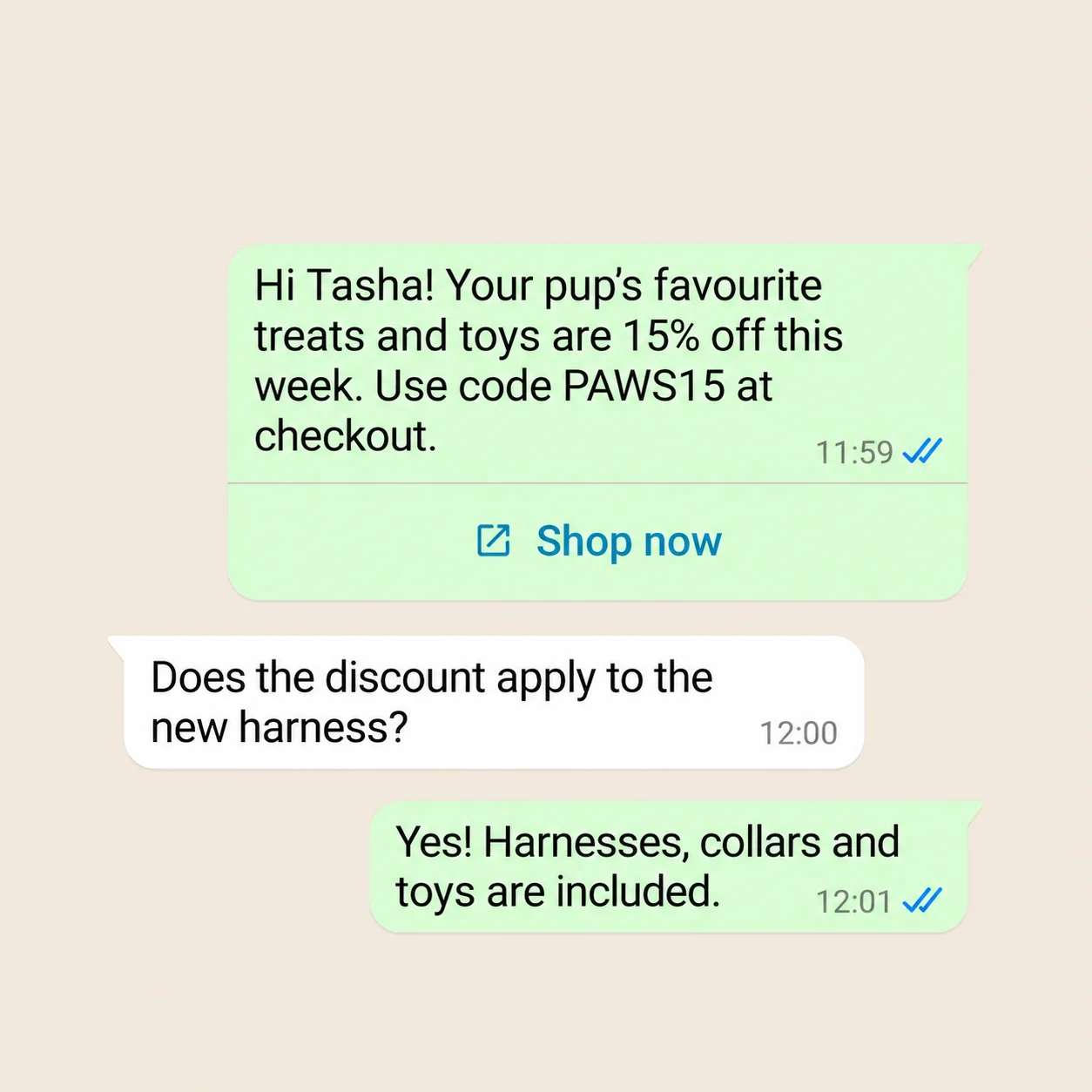 WhatsApp message offering 15% off pet treats and toys, with a customer asking if a new harness is included.