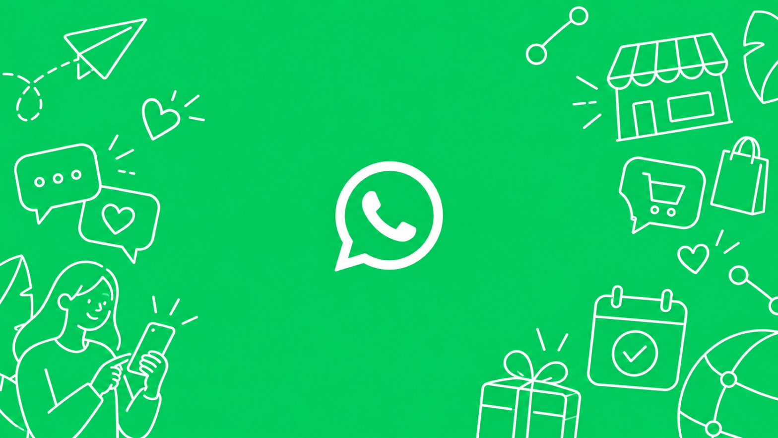 WhatsApp logo centered on a bright green background, surrounded by white line illustrations of messaging, shopping, and customer service.
