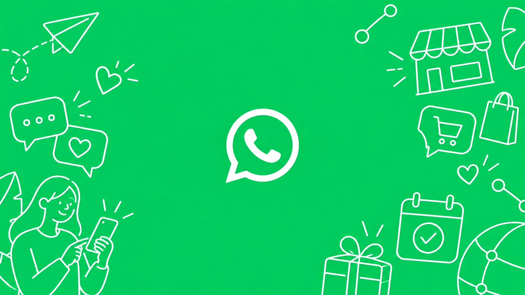 WhatsApp logo centered on a bright green background, surrounded by white line illustrations of messaging, shopping, and customer service.